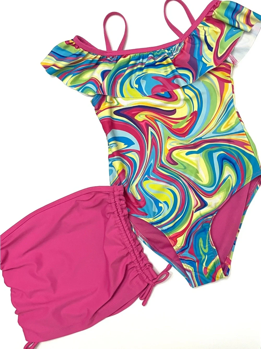 Girls' Pink Multi-Swirl One-Piece Swim with Pink Swim Skirt